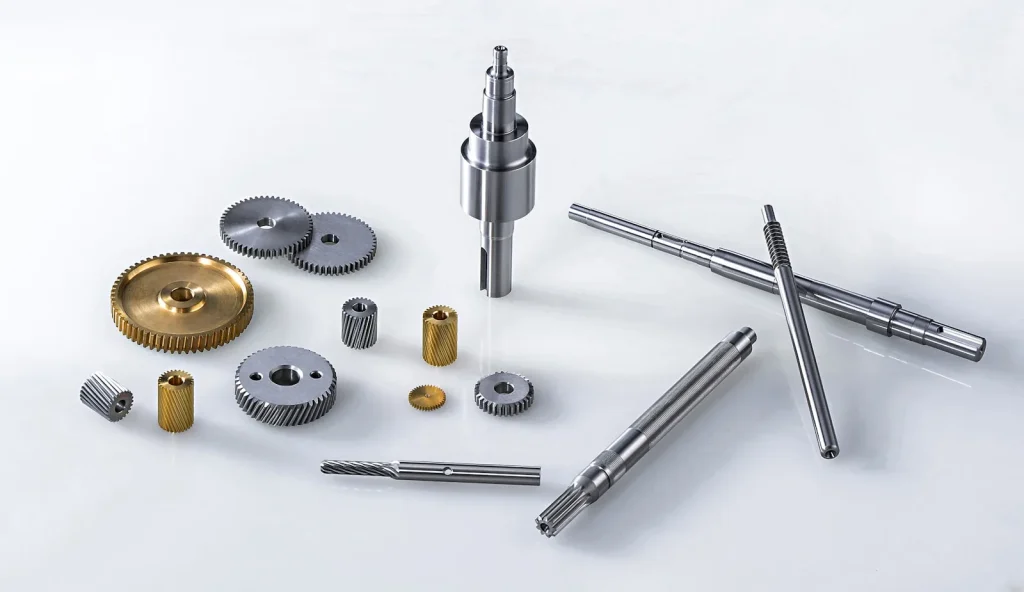Metal gears and shafts inside the base of a sewing machine